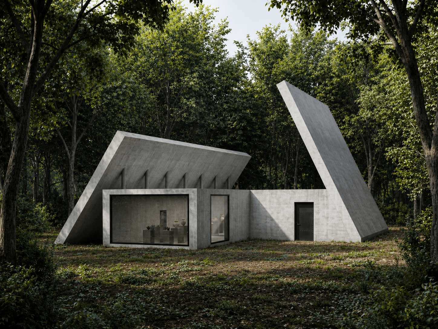 Workshop pavilion: two tilted concrete wings folded into the forest, fired vessels visible through the glazed corner.