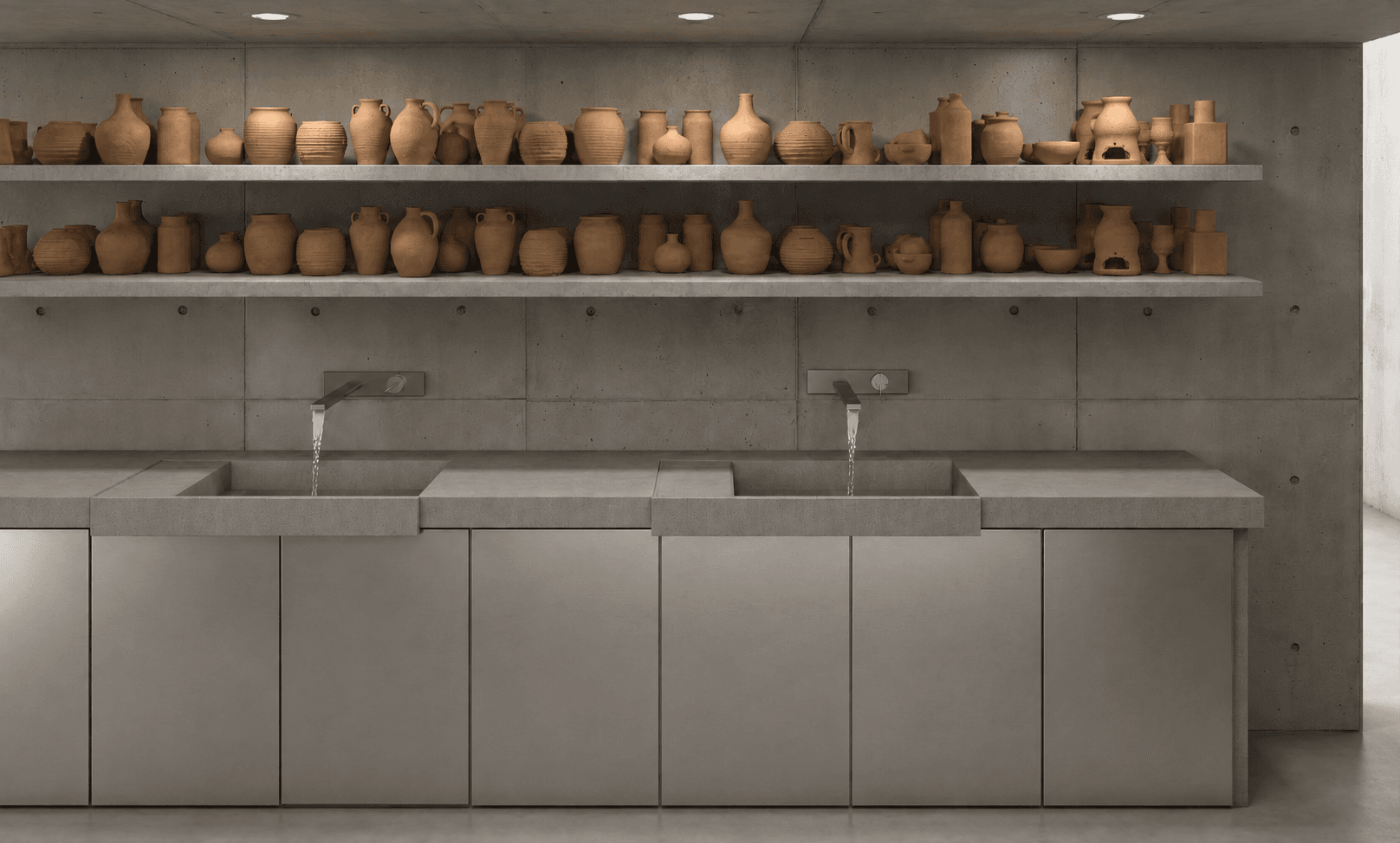 Workshop wash counter: two concrete sinks beneath open steel shelves stacked with terracotta jars and vessels.