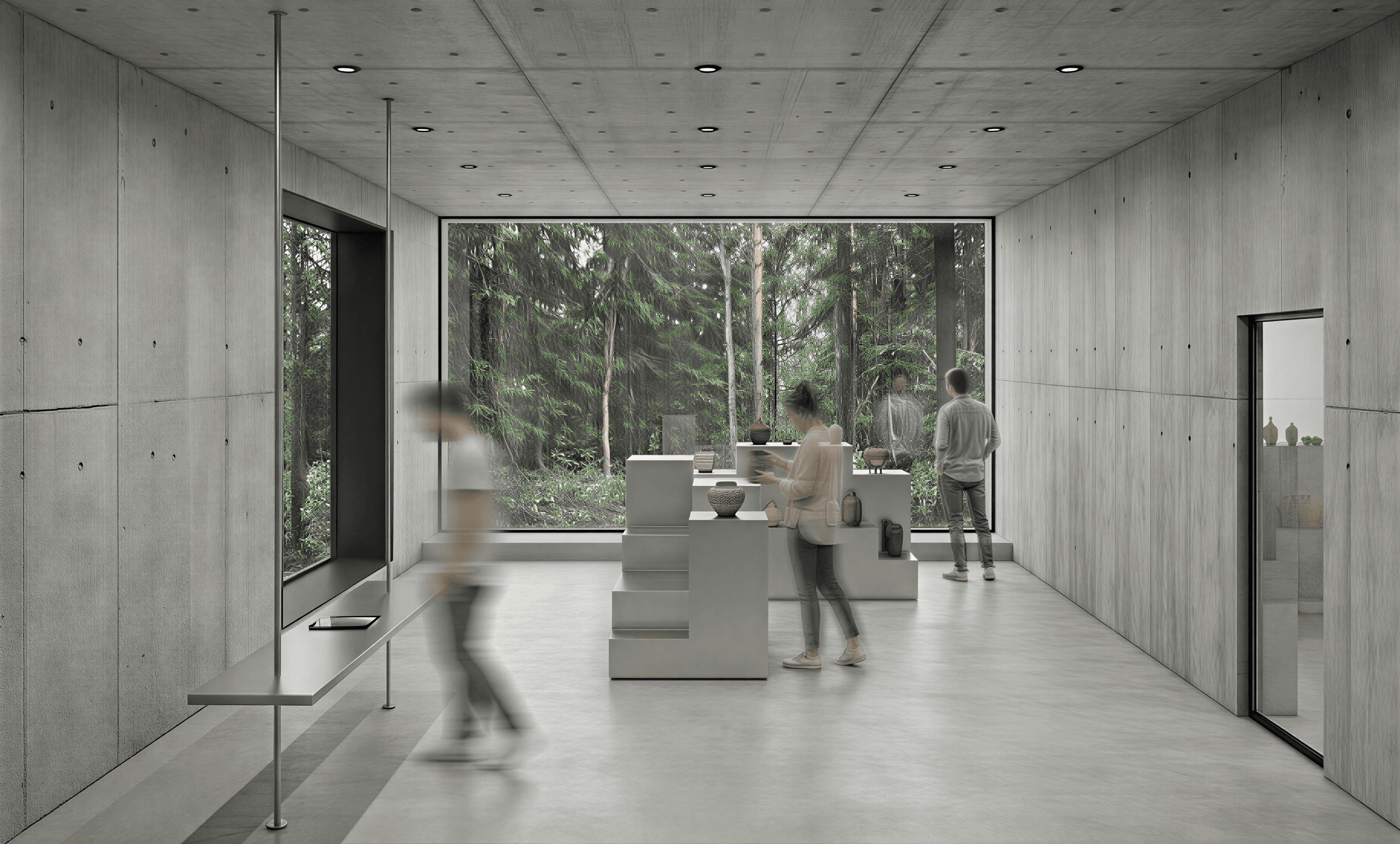 Workshop display room: stepped white pedestals holding ceramics before a full-height forest window, visitors circulating.