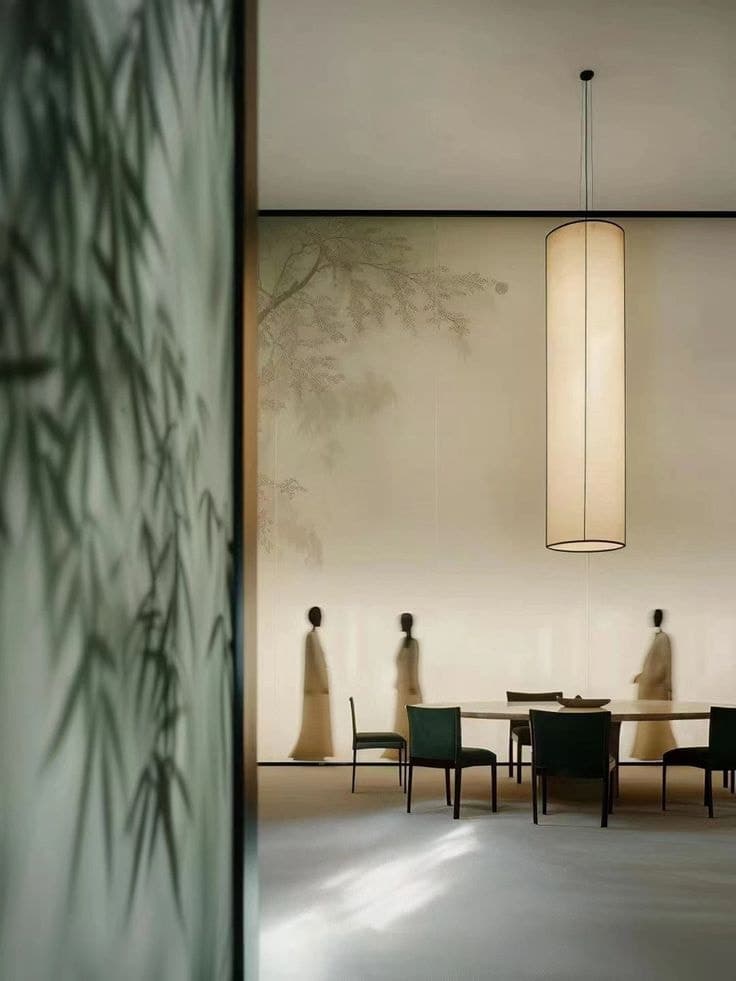 A quiet interior behind a bamboo scrim, figures seated at a low table.
