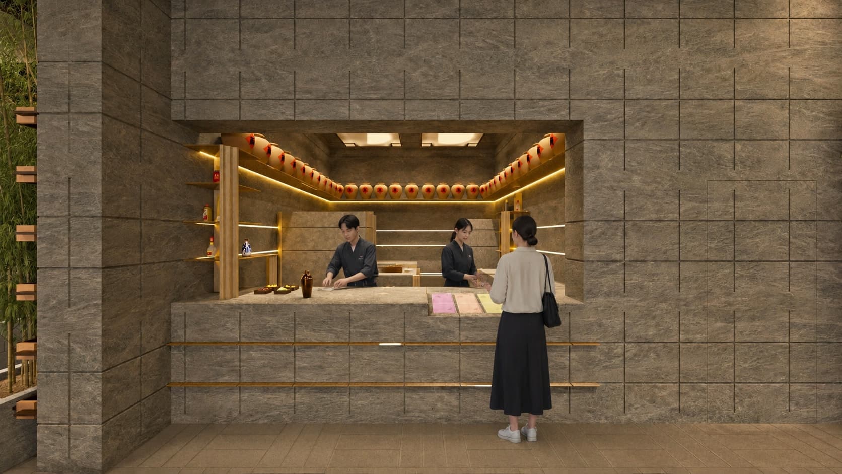 The Brera bar: a stone counter under a warm lit recess, shelving behind.