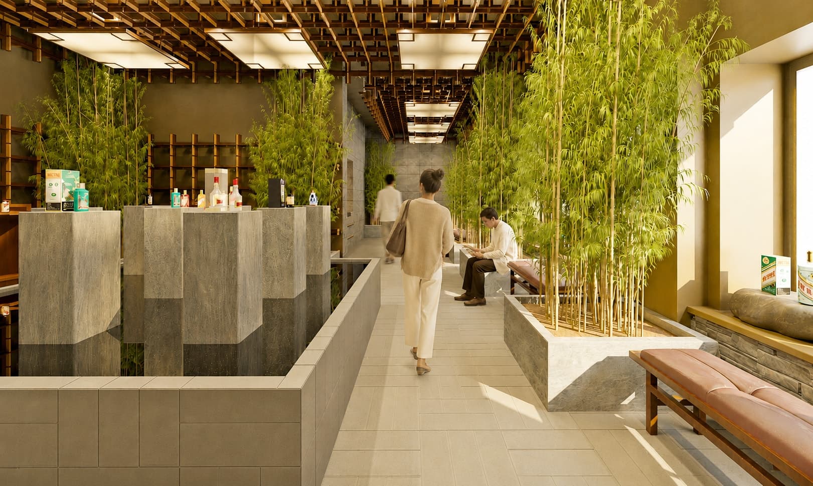 The Brera interior: gridded timber walls, bamboo and a stone display run along one side.