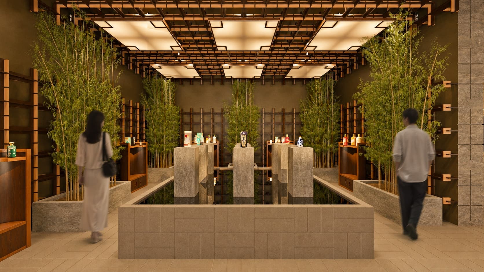 Brera collection display: stone plinths standing in a shallow water basin under the lit ceiling grid.