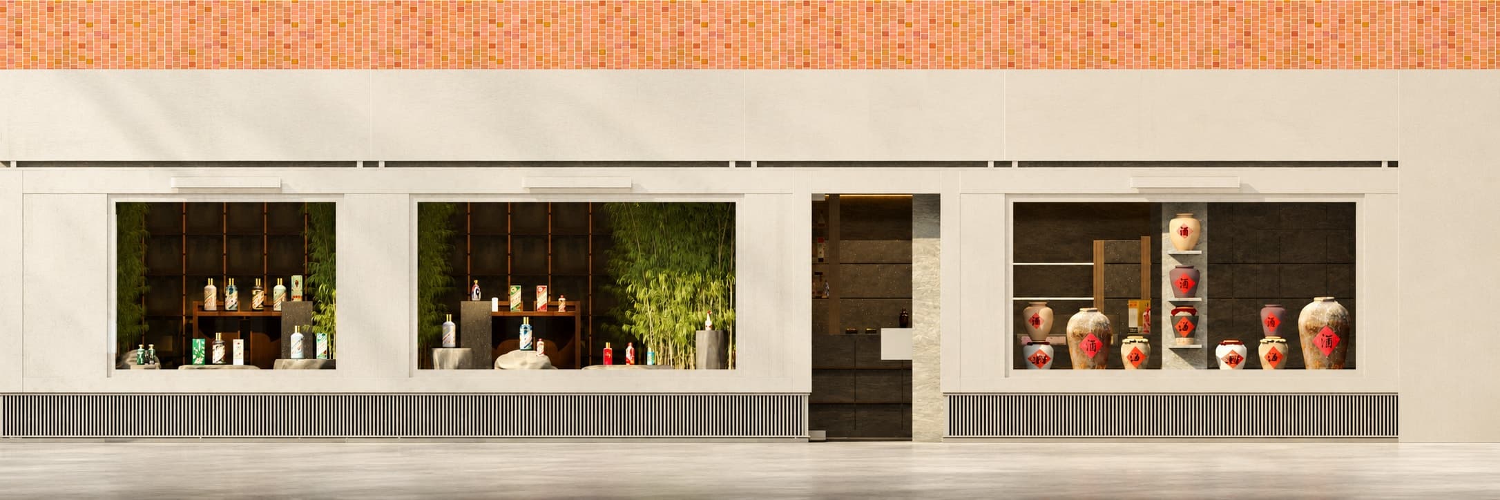 The Brera shopfront by day: four display windows set into a pale frontage, bottles and planting behind the glass.