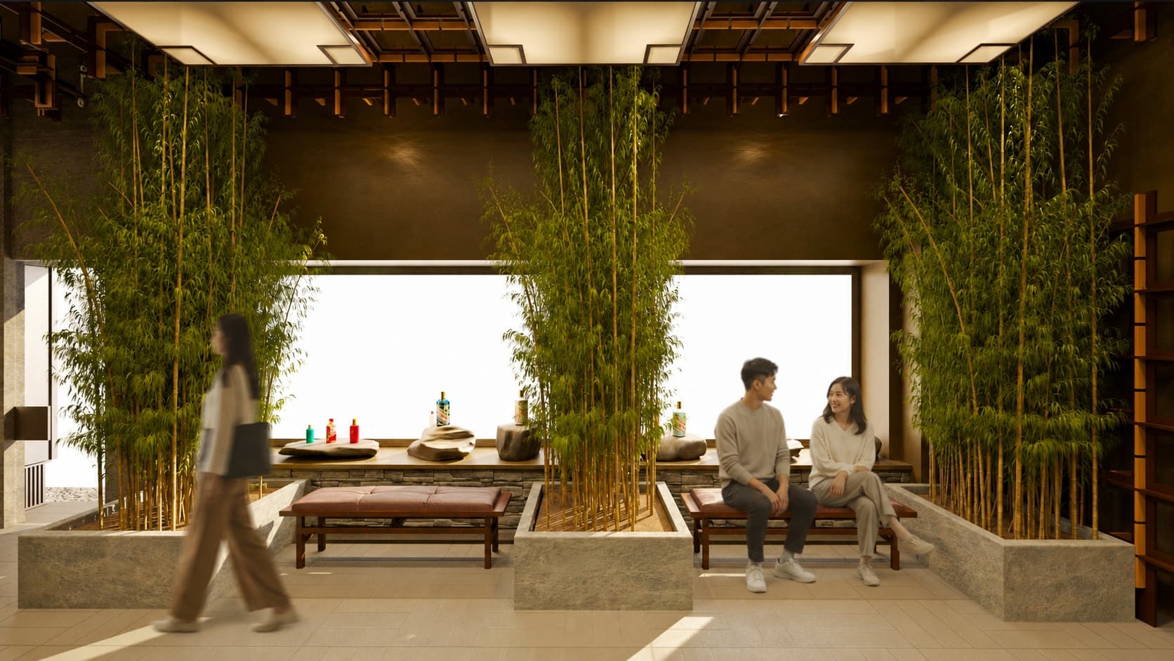 The Brera lounge looking out to the street, bamboo massed either side of the opening.