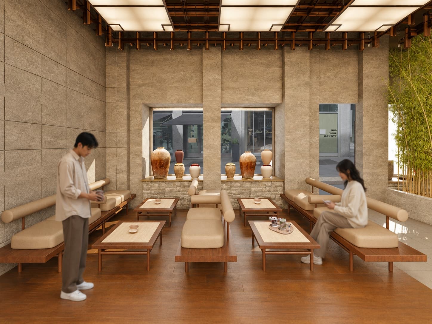 Brera seating: low benches and tables against the window display.