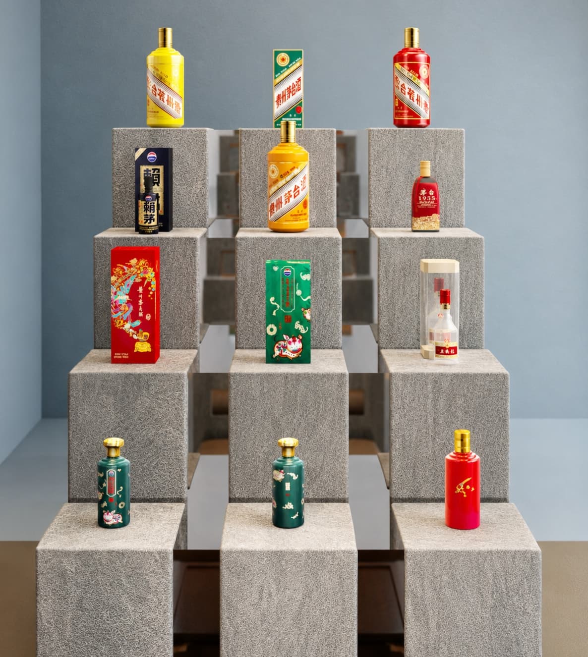 Close on the display: bottles standing on stone blocks of varying height.