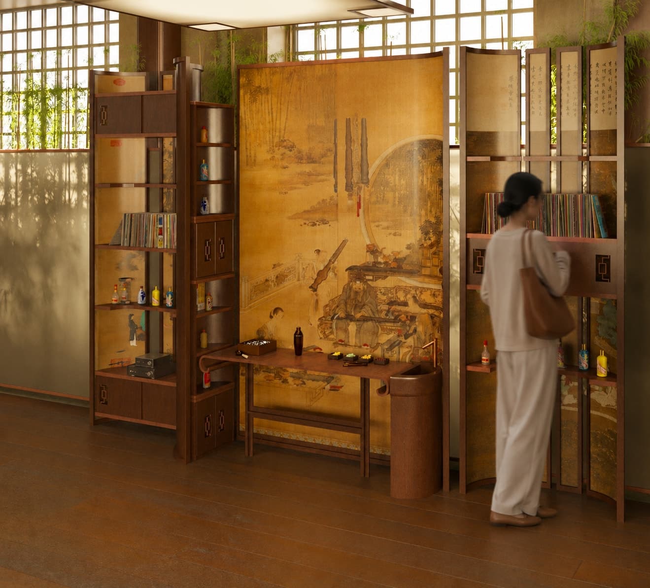 A folding screen and shelving defining the edge of the tasting area.