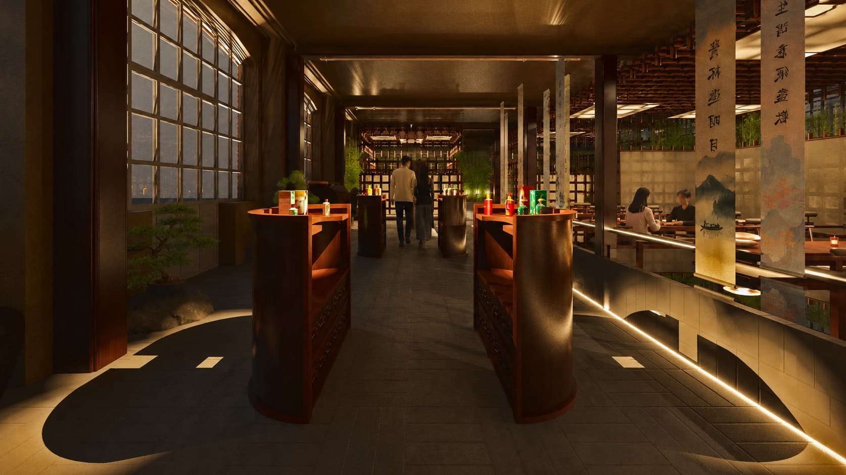 The entrance hall at low light, lit display plinths standing in a dark run.