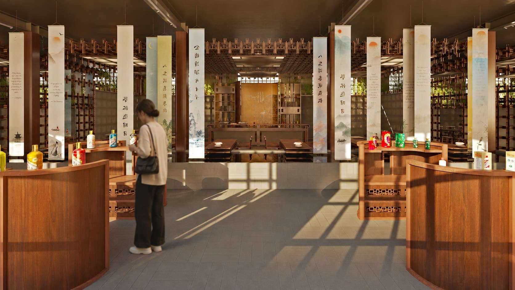 The entrance: reception counters between timber columns, daylight patterning the floor.