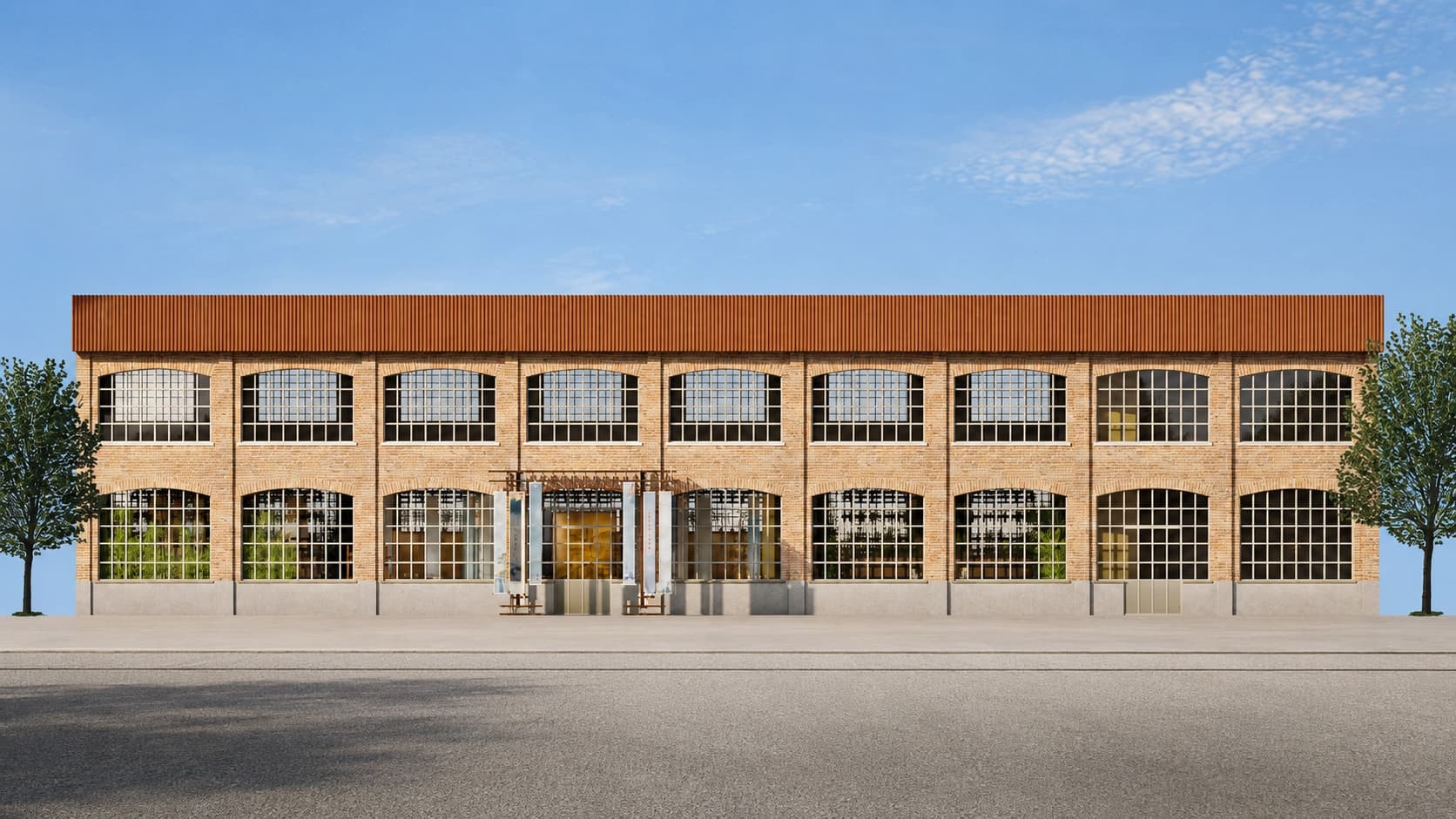 The Fabbrica del Vapore frontage by day: the brick bays and their arched industrial windows along the street.