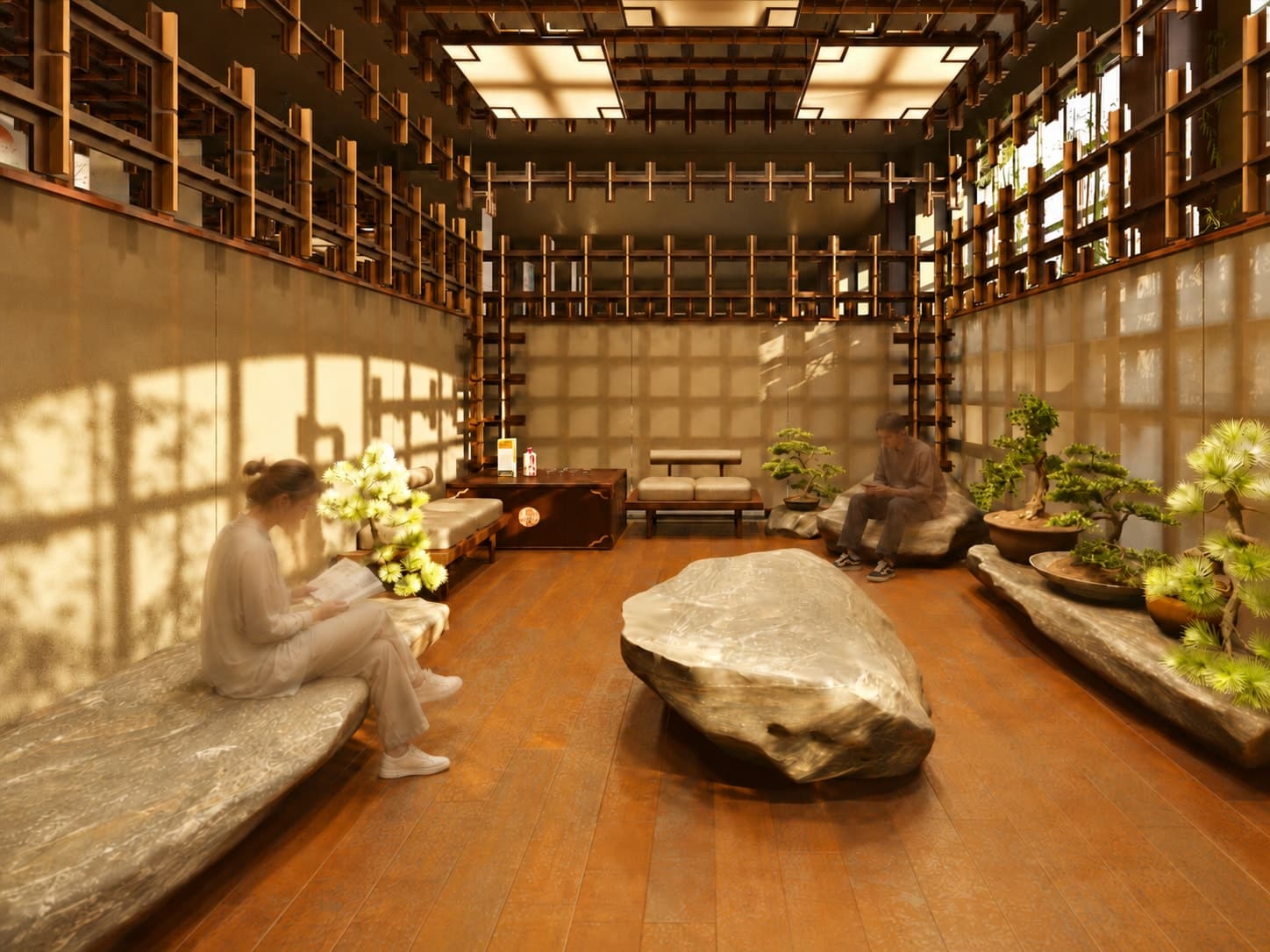 The VIP lounge: natural slate seats set around planting, lattice walls filtering the light.