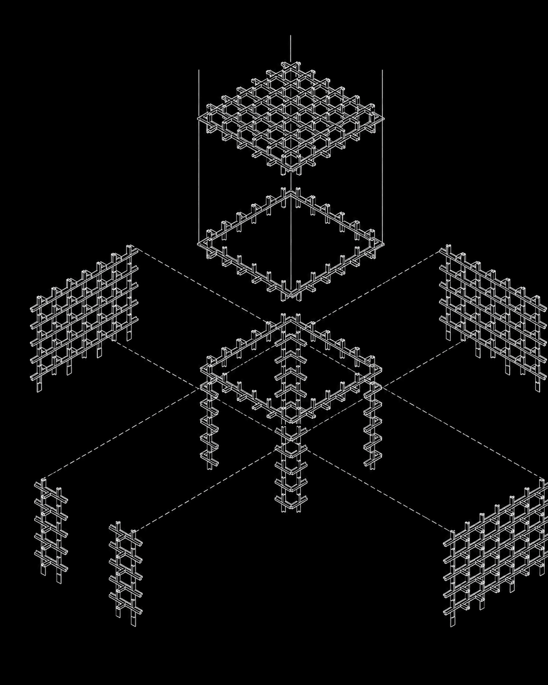 Exploded axonometric of the pavilion: roof grid above, ceiling grid below it, four wall grids thrown out to the sides, and the structural core on the centre line.